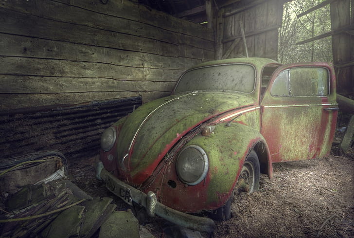 abandoned, barn, Volkswagen Beetle, wreck