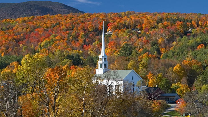 Church in Stowe, Vermont, white chapel, world, 1920x1080
