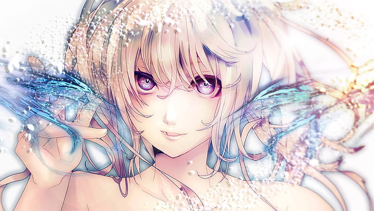 white and blue floral textile, Vocaloid, Hatsune Miku, purple eyes, HD wallpaper