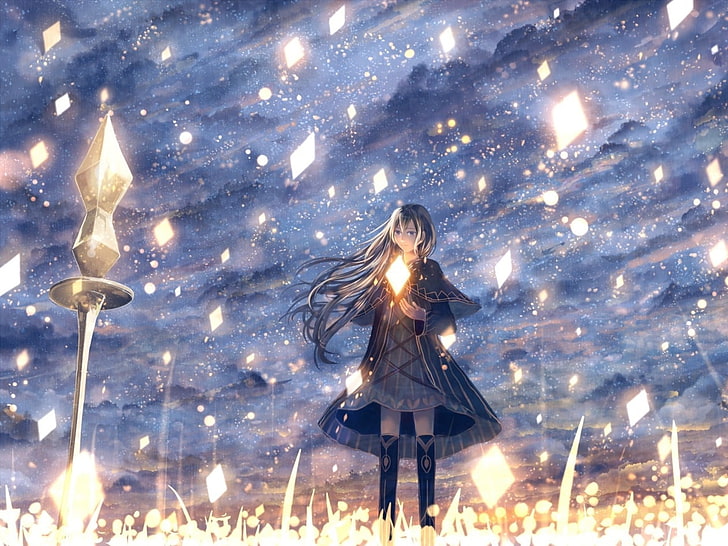anime girls, sky lanterns, kites, illuminated, one person, lighting equipment