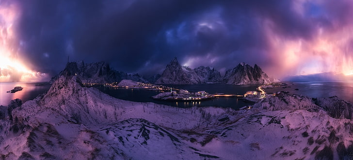 snow filled mountain, nature, landscape, Reine, Lofoten Islands, HD wallpaper
