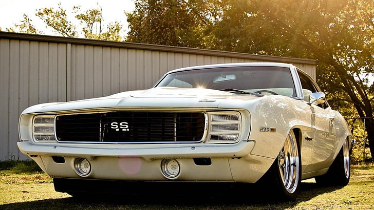 1969 Chevy Camaro SS 502, white coupe, muscle car, fast, performance, HD wallpaper
