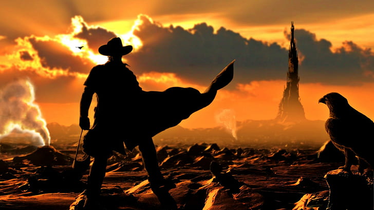 the dark tower roland stephen king, sunset, silhouette, animal themes, HD wallpaper