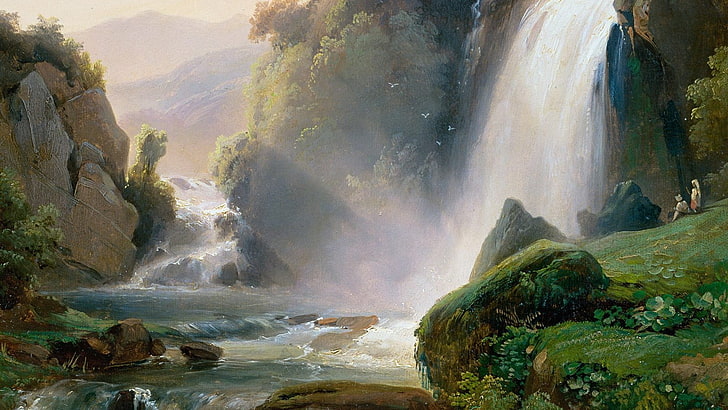 illustration of waterfall, painting, artwork, rock, sunlight, HD wallpaper