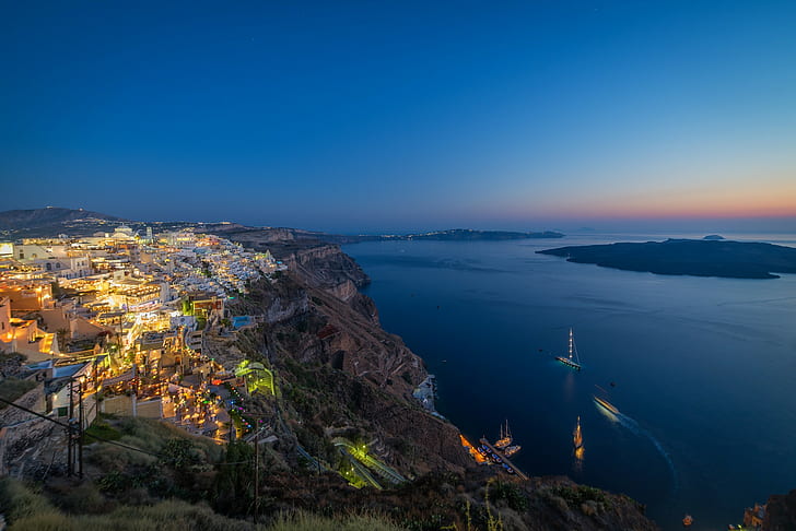 Santorini, Greece, evening, Grecia, Sea, islands, houses, ships, HD wallpaper
