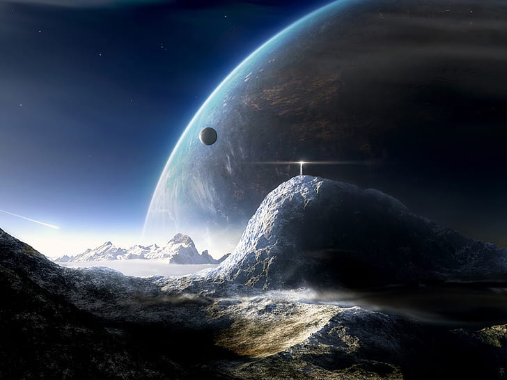 mountains landscapes outer space planets science fiction moons 1600x1200  Space Moons HD Art, HD wallpaper