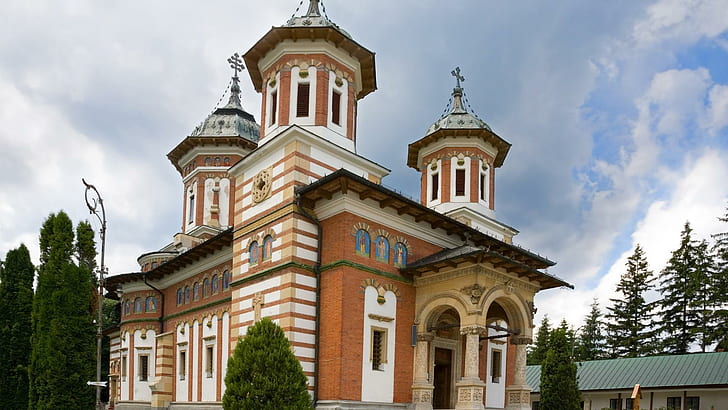Sinaia Monastery, white, brown and beige building, world, 1920x1080