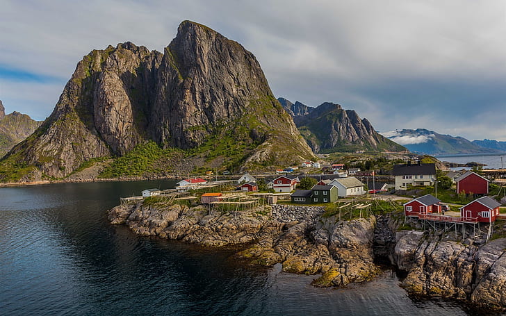 Norway, mountains, sea, town, bay, houses
