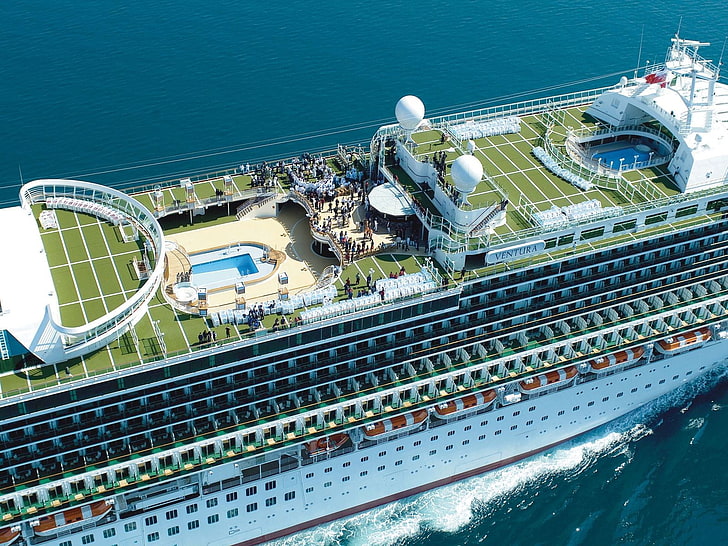 green, white, and brown cruise ship, vehicle, water, high angle view