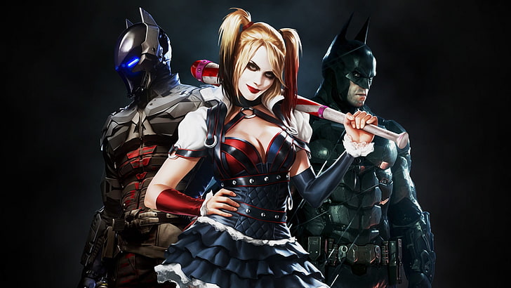 DC Harley Quinn and two Armored Batman digital wallpaper, Batman: Arkham Knight, HD wallpaper