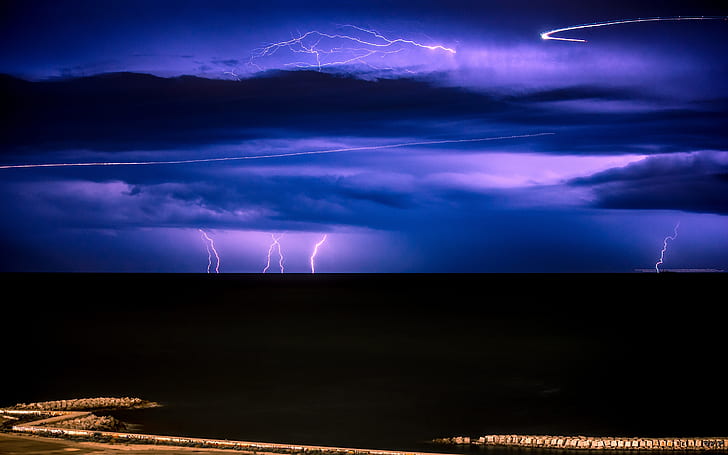 Silent storm, lightning, thunderbolt, sea, HD wallpaper