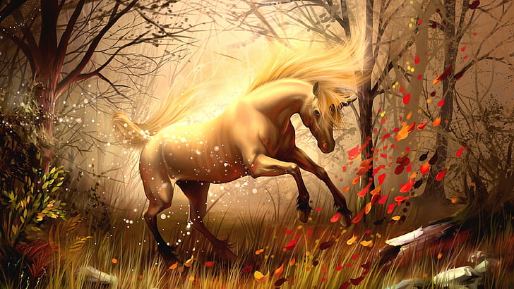 nature, horse, unicorn, tree, fantasy art, artwork, mythology