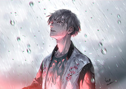 Premium AI Image | Anime boy drinking a drink in the rain with a pink sky  in the background generative ai