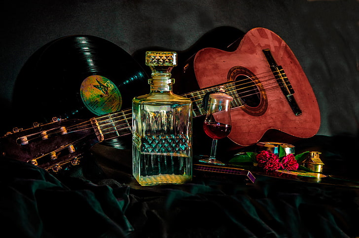 clear glass decanter, flowers, guitar, Mexico, art, vinyl, tequila