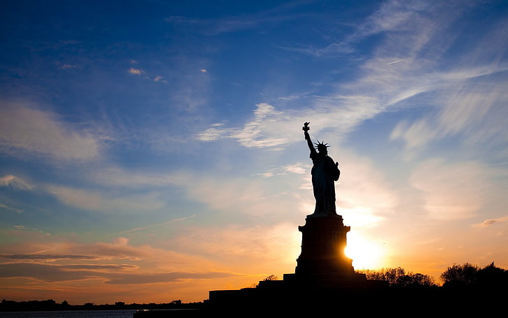 Statue of Liberty, sky, sunset, cloud - sky, sculpture, silhouette, HD wallpaper