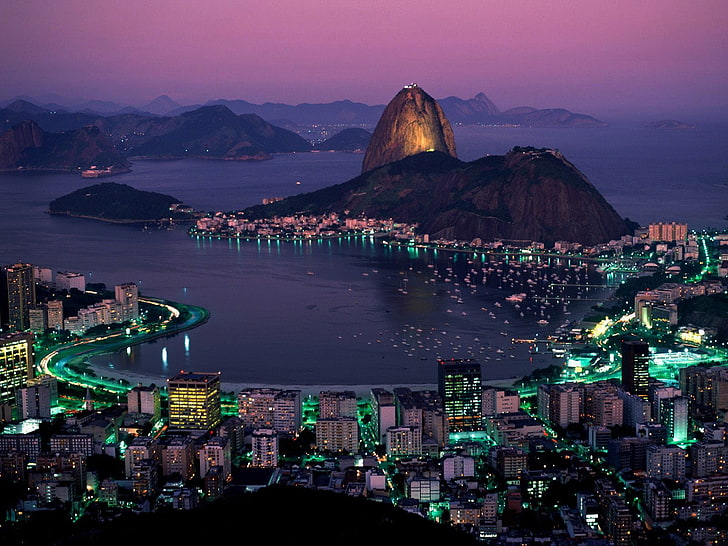 town, lights, hills, water, coast, sea, Rio de Janeiro, cityscape, HD wallpaper