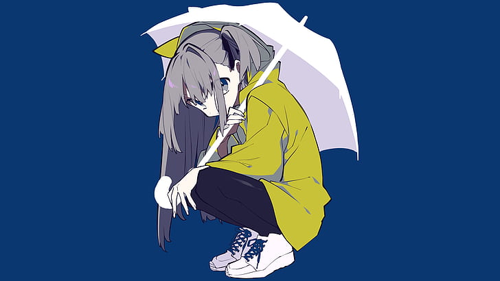 anime, manga, anime girls, simple background, blue, umbrella, HD wallpaper