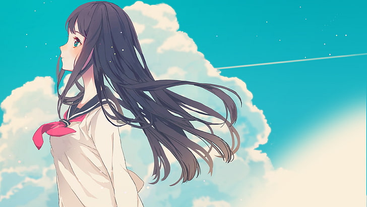 long hair, school uniform, clouds, sky, blushing, anime girls