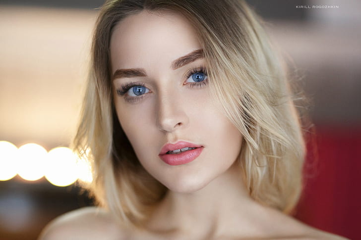 women, blonde, face, blue eyes, depth of field, HD wallpaper