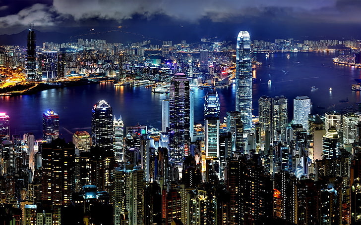 skyscrapers, city, night, lights, water, hong Kong, cityscape