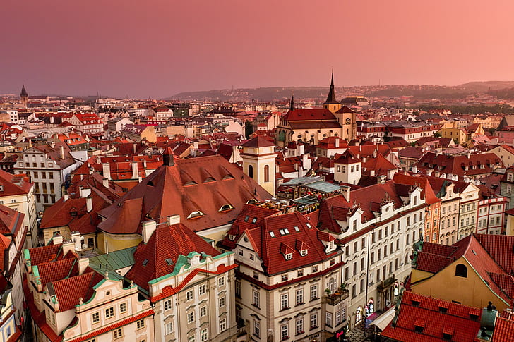 Roofs in Prague, Chech Republic, Czech Republic, Buildings, panorama, HD wallpaper