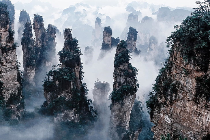 aerial photography of rock formation, National Park, Zhangjiajie National Park, HD wallpaper