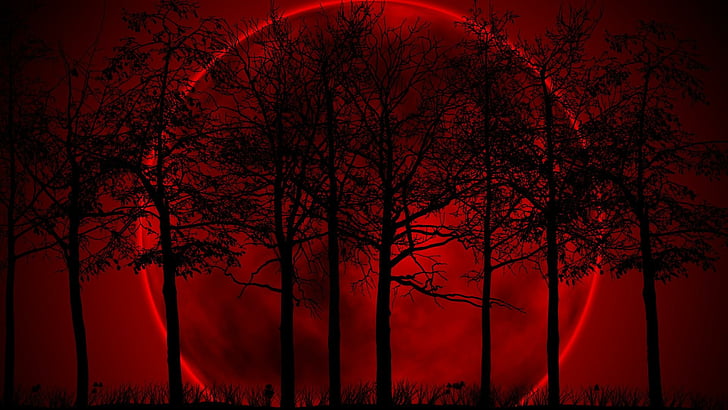 full moon, red, black, trees, night, fantasy, red sky, silhouette, HD wallpaper