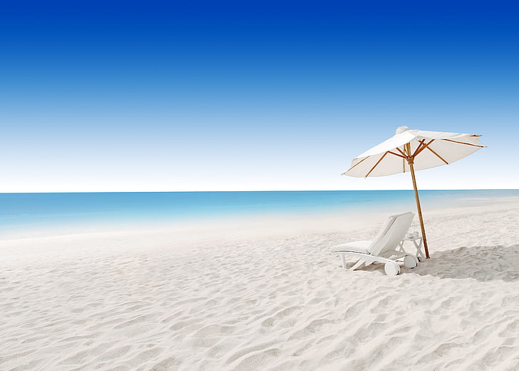 white parasol and lounge chair, sea, beach, sunbed, sand, vacations, HD wallpaper