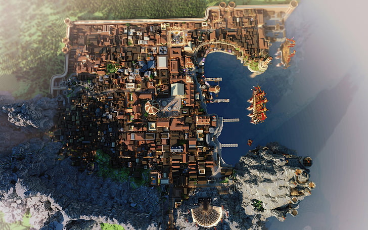 aerial photography of village near body of water, digital art, HD wallpaper