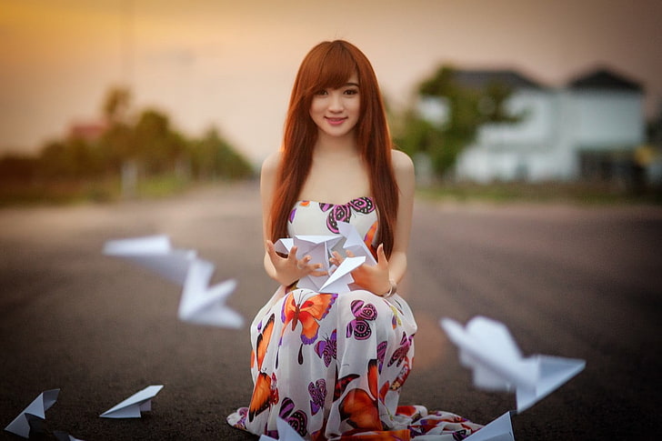 women, Asian, brunette, paper planes, one person, focus on foreground, HD wallpaper