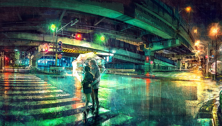man and woman near bridge digital wallpaper, couple, street, street light, HD wallpaper