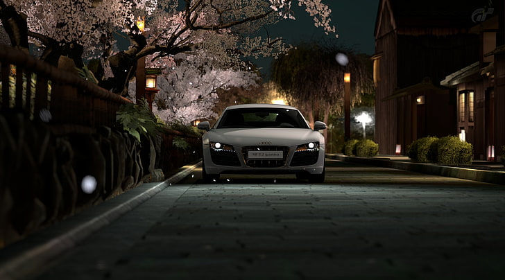 R8 In Japan GT5, white car, Games, Gran Turismo, Spring, Audi, HD wallpaper