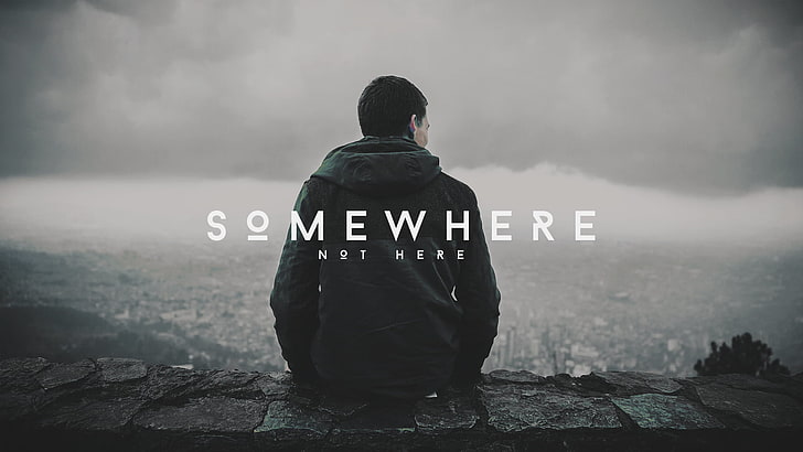Somewhere text, photography, men, sitting, outdoors, people, dark