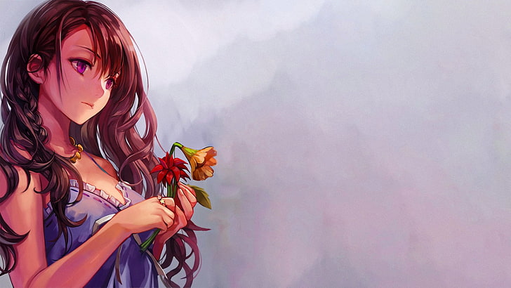female anime character wearing nighties holding flower wallpaper, HD wallpaper