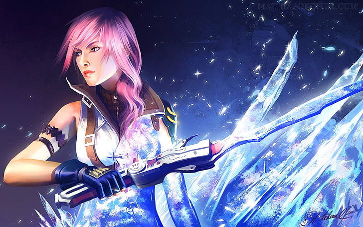 pink haired female online game character, sword, Final Fantasy XIII, HD wallpaper