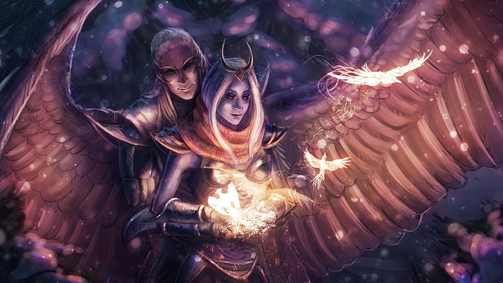 woman beside man with wings digital wallpaper, fantasy art, illuminated