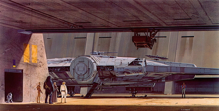 Star Wars, artwork, concept art, Millennium Falcon, R2-D2, Chewbacca, HD wallpaper