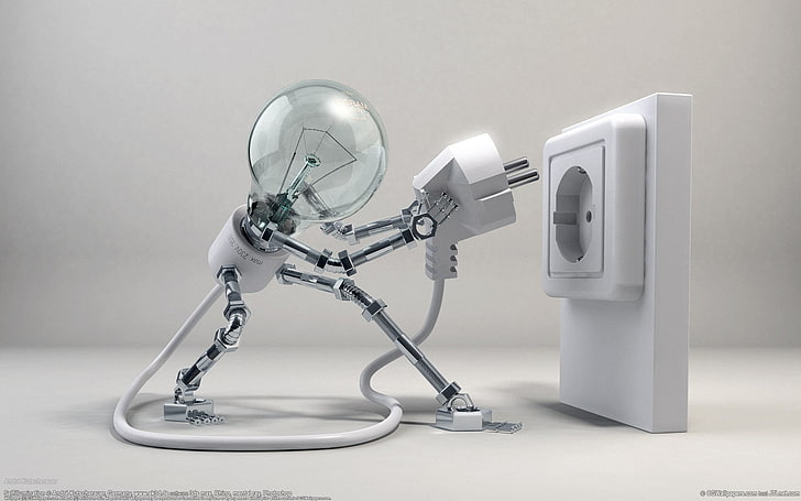 white light bulb and electric plug, lightbulb, artwork, robot, HD wallpaper