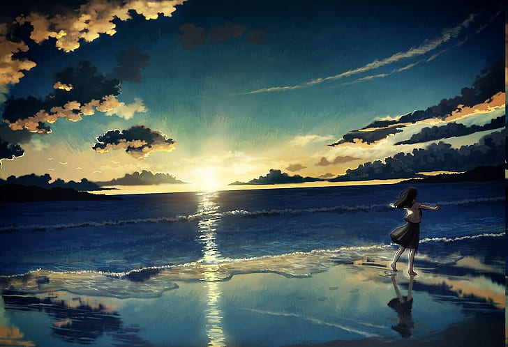 HD wallpaper: sea sunset anime girls landscape anime beach, sky, water, one  person | Wallpaper Flare