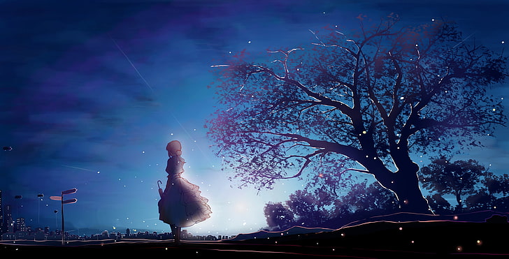 silhouette of tree, anime, anime girls, Violet Evergarden, short hair, HD wallpaper