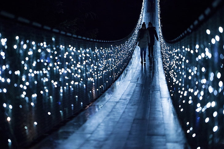 bridge, bokeh, night, illuminated, lighting equipment, blue, HD wallpaper