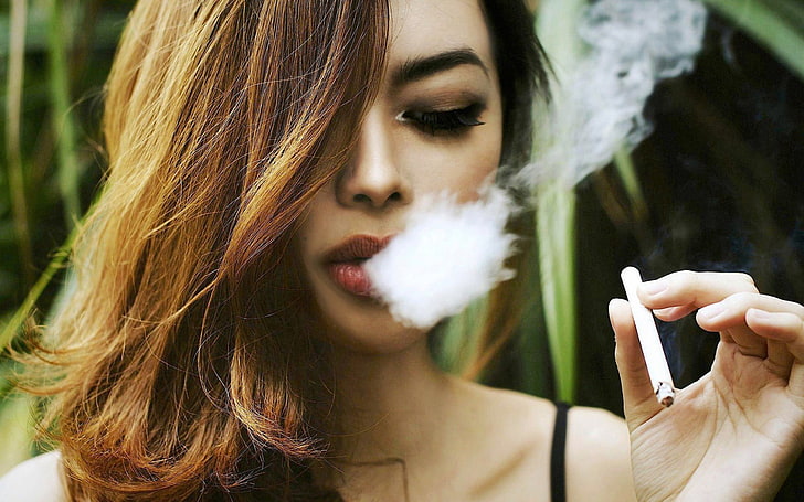 women, brunette, smoking, cigarettes, smoke, closed eyes, Caucasian, HD wallpaper