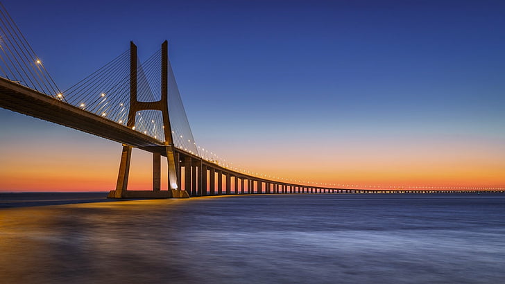 Bridges, Vasco da Gama Bridge, Portugal, Sea, Sunset, bridge - man made structure, HD wallpaper