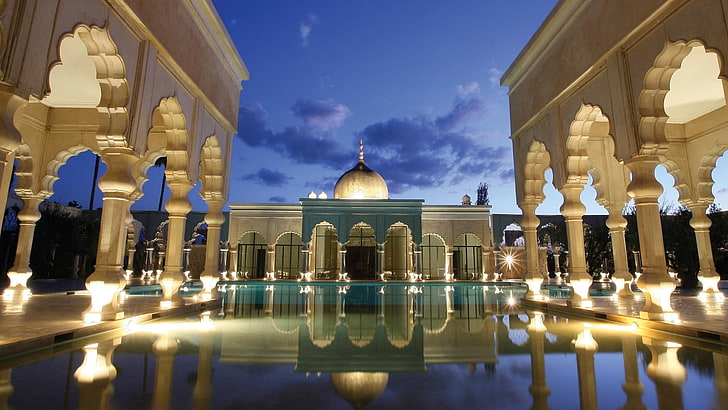 beige mosque, palace, Marrakesh, Marrakech, Morocco, swimming pool, HD wallpaper