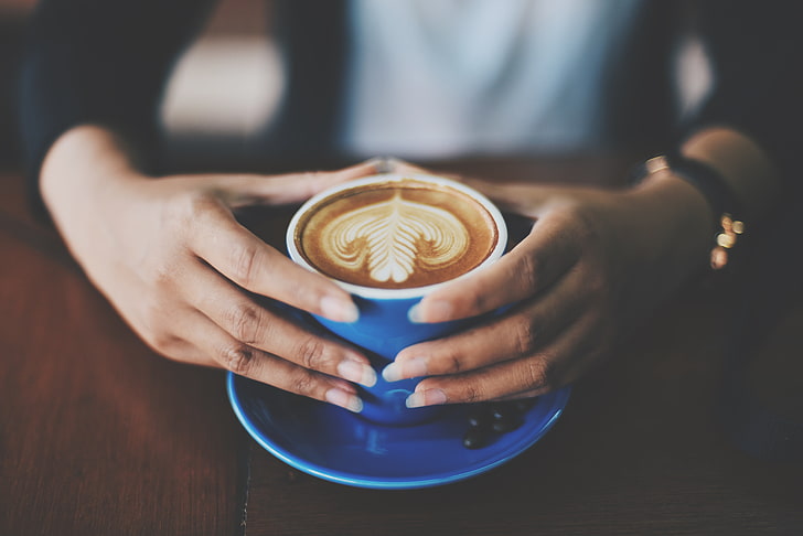 blue coffee cup, hands, coffee - Drink, cafe, cappuccino, human Hand, HD wallpaper