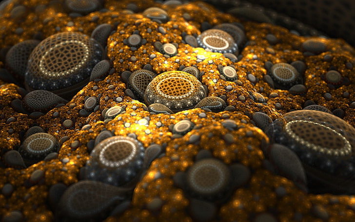 black stones, abstract, fractal, gold, close-up, no people, selective focus