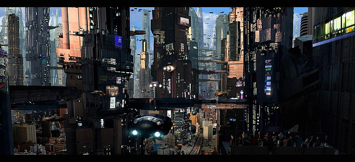 aircraft, cityscape, futuristic city, science fiction, architecture, HD wallpaper