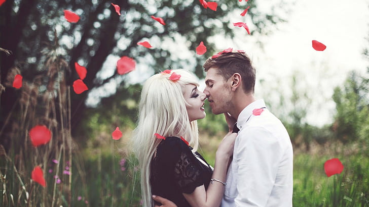 couple, lovers, petals, men, women, outdoors, HD wallpaper
