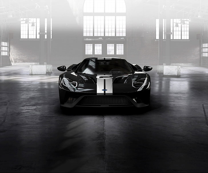 black sports coupe, Ford GT, supercars, Ford USA, monochrome