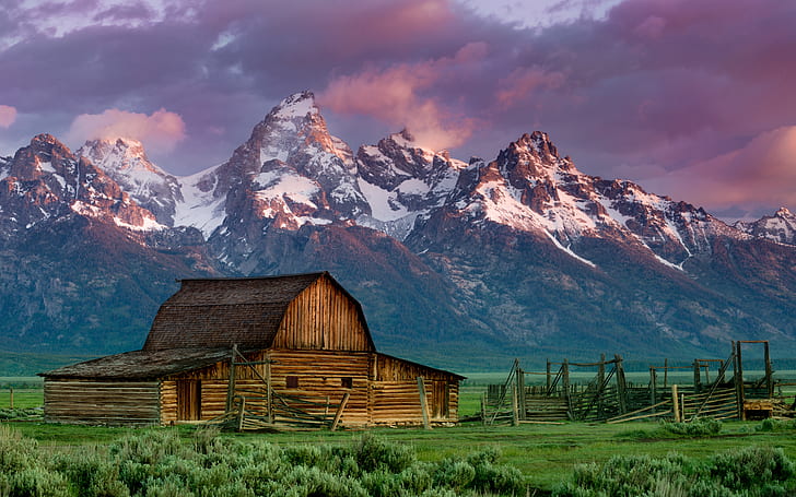 landscape, mountains, snowy peak, barn, clouds, Rocky Mountain National Park, HD wallpaper